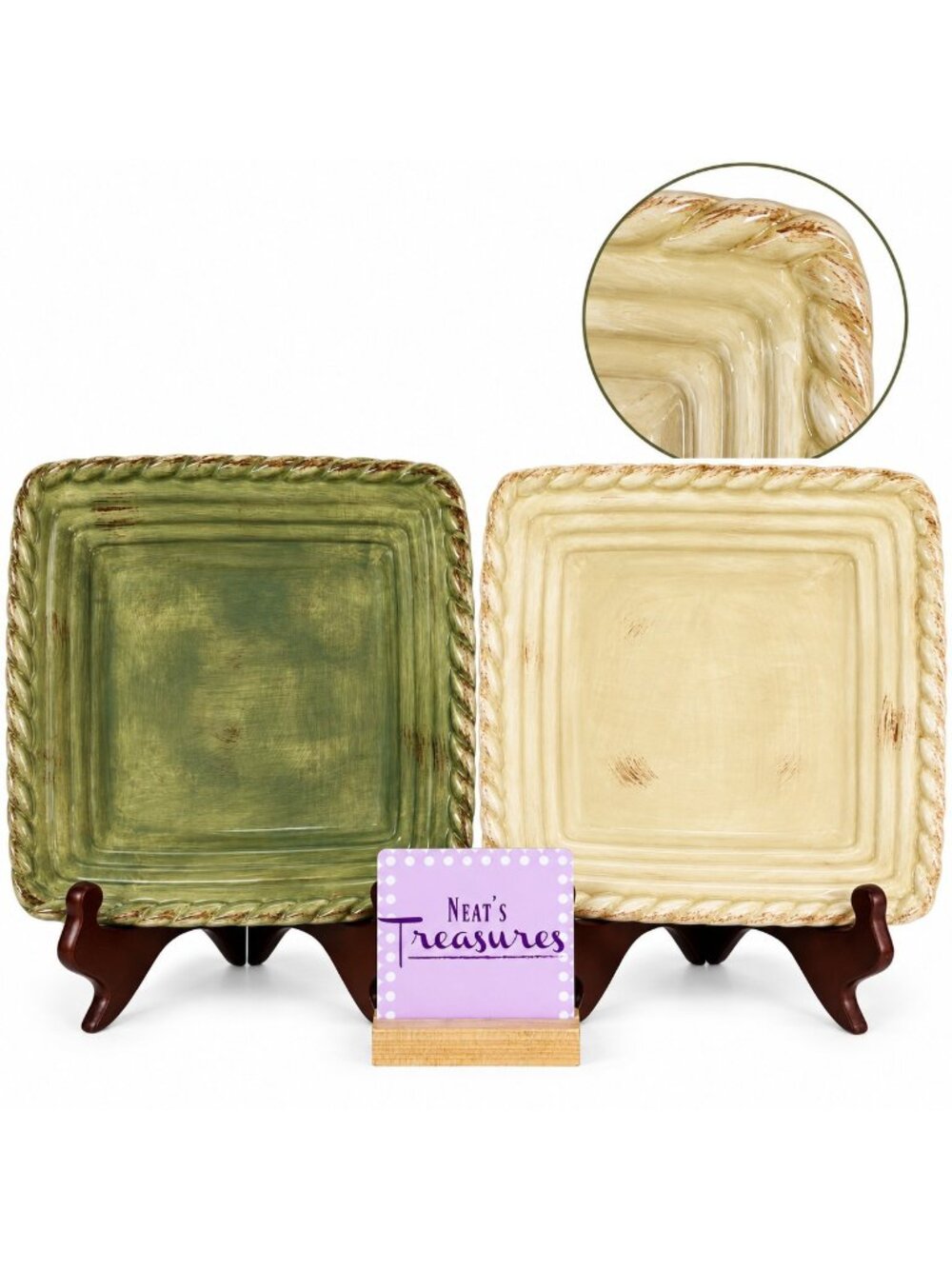 Artimino TUSCAN COUNTRYSIDE Rustic Rope Rim Square Stoneware Salad Plate Set 2